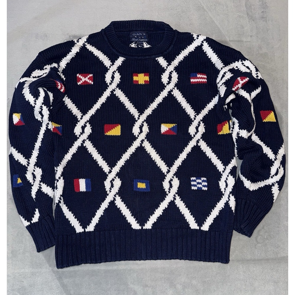 Vintage 90s Gant Cotton Sweater Flag Logo Men XL‎ Navy Blue Grandpacore Nautical